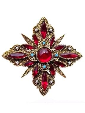 Vtg Signed ART Arthur Pepper Maltese Cross Brooch Pendant Red Cabochon Byzantine